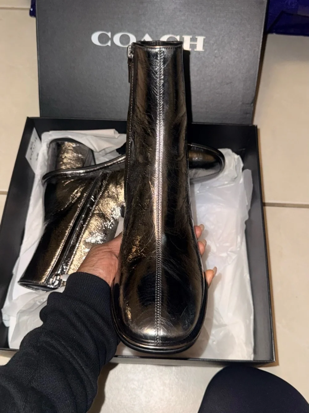 Coach Black Metallic Leather Ankle Boots - Picture 5 of 7